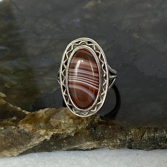 VTG Sterling Silver 925 Oval Bezel Set Banded Agate Double Split Shank Ring Sz 6 - Picture 16 of 16